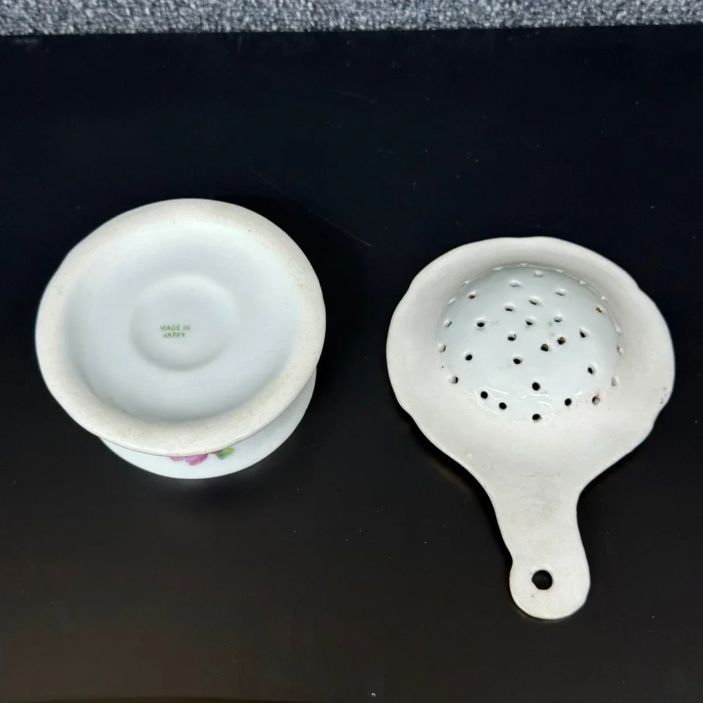 Vintage Japan Porcelain Tea Strainer Drip Bowl Pink Roses Gold Gilt Floral Set